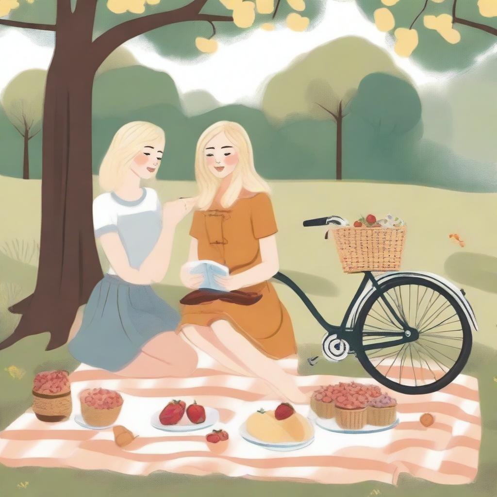 An illustration of two young blonde women having a picnic