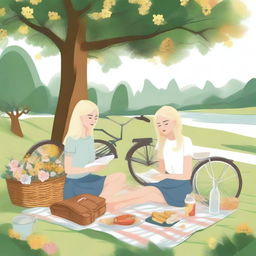 An illustration of two young blonde women having a picnic