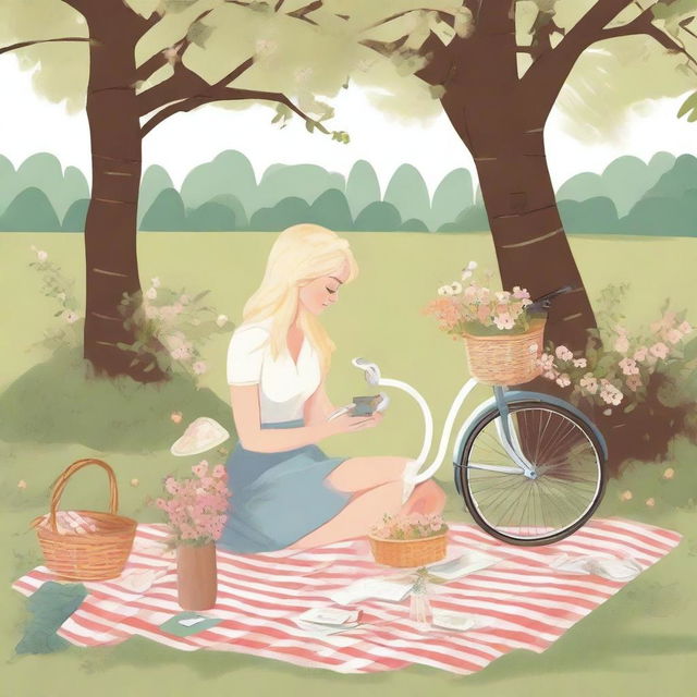 An illustration of two young blonde women having a picnic