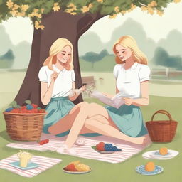 An illustration of two young blonde women having a picnic