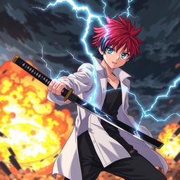 A striking scene featuring an anime boy with red hair and blue streaks, wearing a white coat, black pants, and a black undershirt