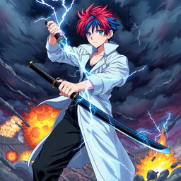 A striking scene featuring an anime boy with red hair and blue streaks, wearing a white coat, black pants, and a black undershirt