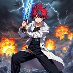 A striking scene featuring an anime boy with red hair and blue streaks, wearing a white coat, black pants, and a black undershirt