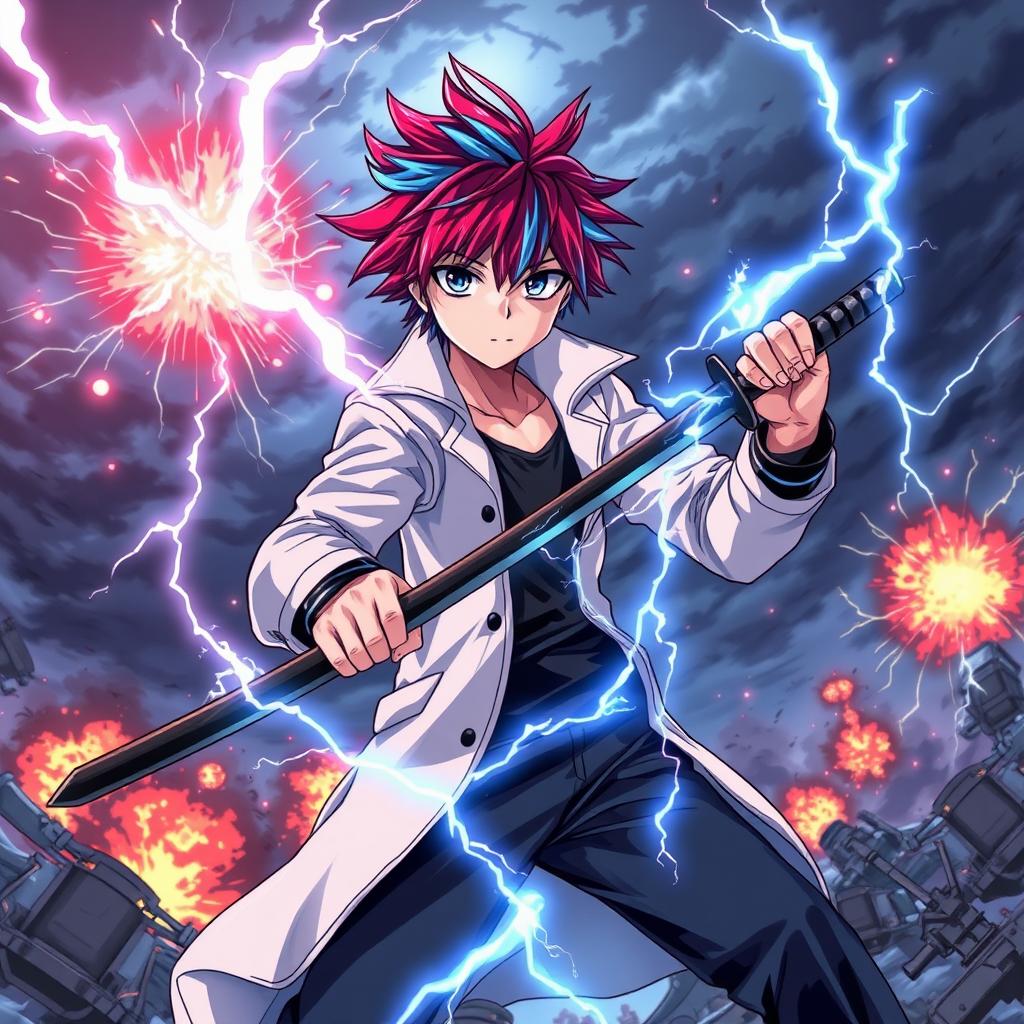 A striking scene featuring an anime boy with red hair and blue streaks, wearing a white coat, black pants, and a black undershirt