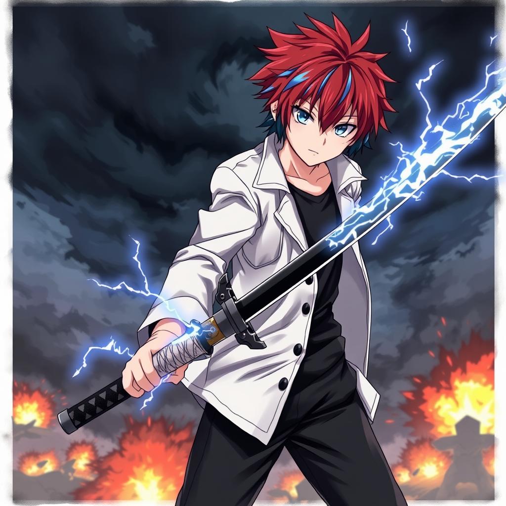 A dramatic scene featuring an anime boy with red hair and blue streaks, wearing a white coat, black pants, and a black undershirt