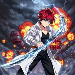 A dramatic scene featuring an anime boy with red hair and blue streaks, wearing a white coat, black pants, and a black undershirt