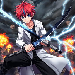 A dramatic scene featuring an anime boy with red hair and blue streaks, wearing a white coat, black pants, and a black undershirt