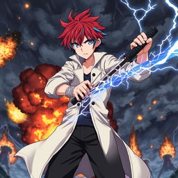 A dramatic scene featuring an anime boy with red hair and blue streaks, wearing a white coat, black pants, and a black undershirt