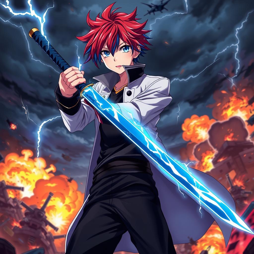 A vivid scene featuring an anime boy with red hair and blue streaks, wearing a white coat with a black collar, black pants, and a black undershirt