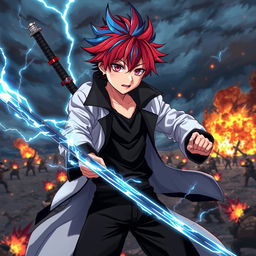 A vivid scene featuring an anime boy with red hair and blue streaks, wearing a white coat with a black collar, black pants, and a black undershirt