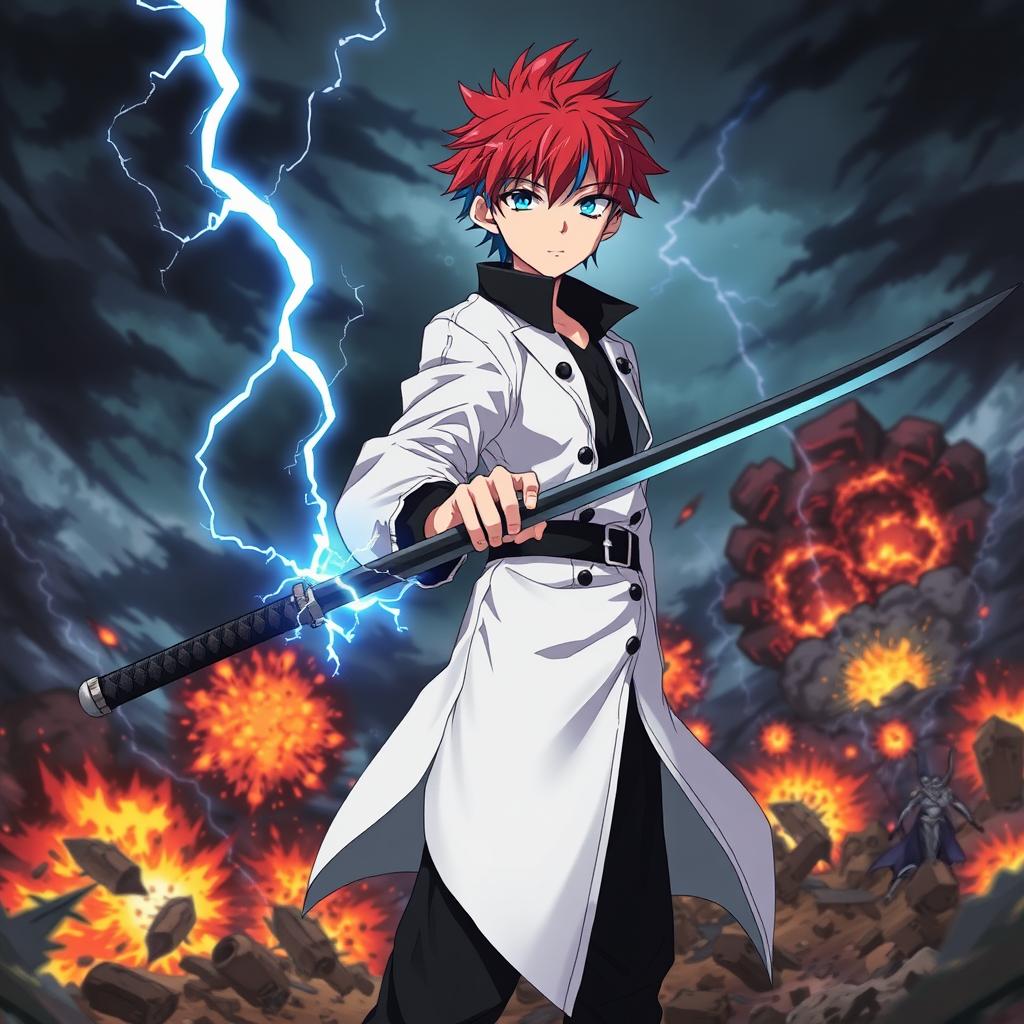 A vivid scene featuring an anime boy with red hair and blue streaks, wearing a white coat with a black collar, black pants, and a black undershirt