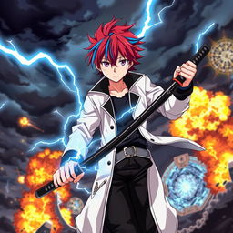 A vivid scene featuring an anime boy with red hair and blue streaks, wearing a white coat with a black collar, black pants, and a black undershirt