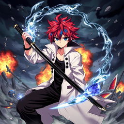 A powerful scene featuring an anime boy with red hair and blue streaks, wearing a white coat with a black collar, black pants, and a black undershirt