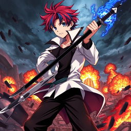 A powerful scene featuring an anime boy with red hair and blue streaks, wearing a white coat with a black collar, black pants, and a black undershirt