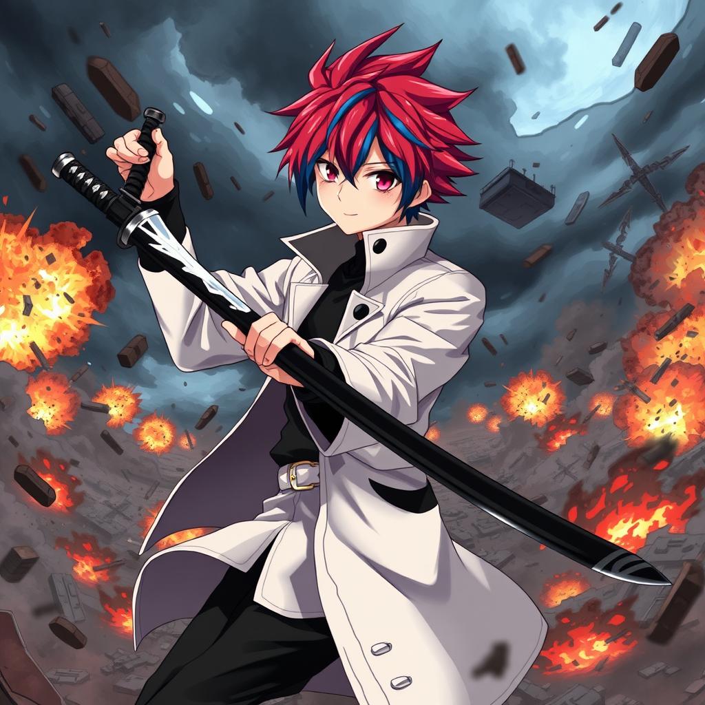 A powerful scene featuring an anime boy with red hair and blue streaks, wearing a white coat with a black collar, black pants, and a black undershirt