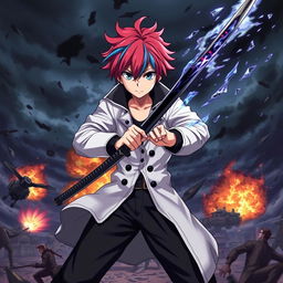 A powerful scene featuring an anime boy with red hair and blue streaks, wearing a white coat with a black collar, black pants, and a black undershirt