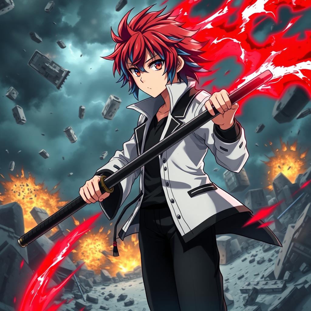 A vivid scene featuring an anime boy with red hair and blue streaks, wearing a white coat with a black collar, black pants, and a black undershirt