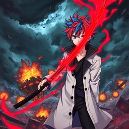 A vivid scene featuring an anime boy with red hair and blue streaks, wearing a white coat with a black collar, black pants, and a black undershirt