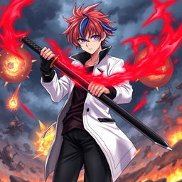 A vivid scene featuring an anime boy with red hair and blue streaks, wearing a white coat with a black collar, black pants, and a black undershirt