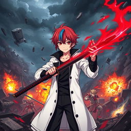 A vivid scene featuring an anime boy with red hair and blue streaks, wearing a white coat with a black collar, black pants, and a black undershirt