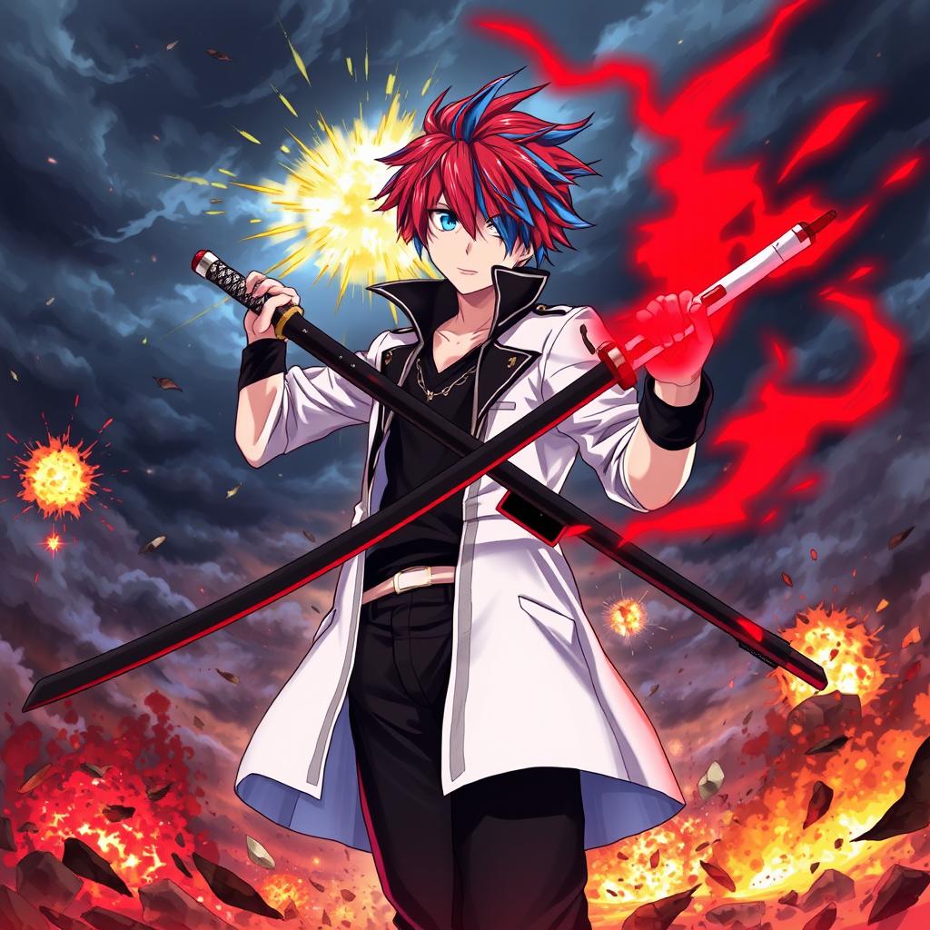 A vivid scene featuring an anime boy with red hair and blue streaks, wearing a white coat with a black collar, black pants, and a black undershirt