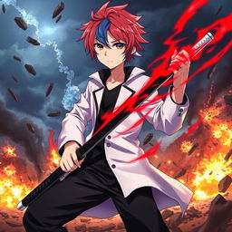 A vivid scene featuring an anime boy with red hair and blue streaks, wearing a white coat with a black collar, black pants, and a black undershirt