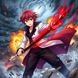 A vivid scene featuring an anime boy with red hair and blue streaks, wearing a white coat with a black collar, black pants, and a black undershirt