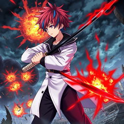 A vivid scene featuring an anime boy with red hair and blue streaks, wearing a white coat with a black collar, black pants, and a black undershirt