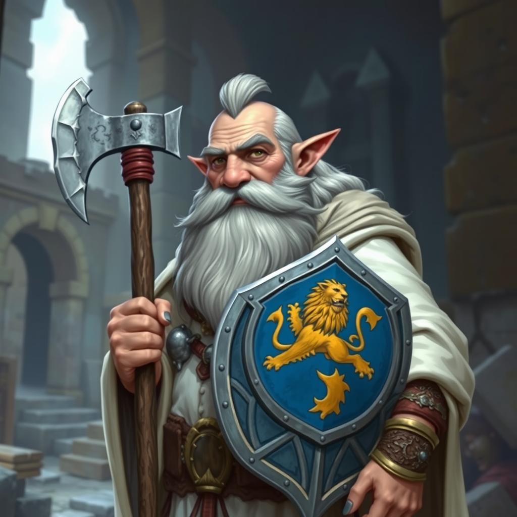 A gray-haired dwarf priest with a large beard, one of his mustaches being red, and a bowl haircut