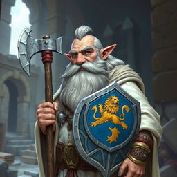 A gray-haired dwarf priest with a large beard, one of his mustaches being red, and a bowl haircut