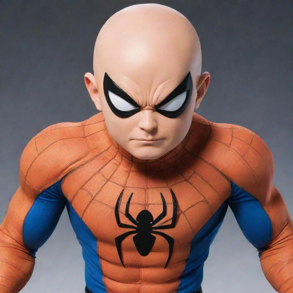 Krillin from Dragon Ball Z donned in a Marvel Spider-Man costume, maintaining the Dragon Ball art style and accentuating the six signature dots on his forehead.