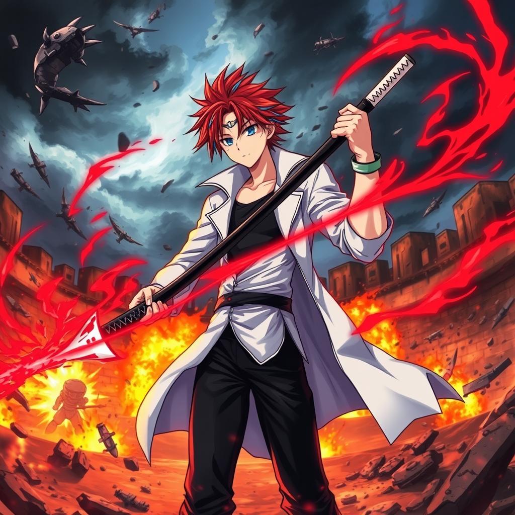 A vivid scene featuring a muscular anime boy with red hair and blue streaks, wearing a white coat with a black collar, black pants, and a black undershirt