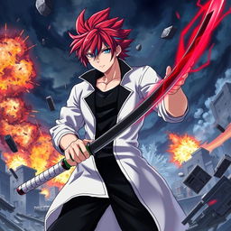 A vivid scene featuring a muscular anime boy with red hair and blue streaks, wearing a white coat with a black collar, black pants, and a black undershirt