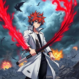 A vivid scene featuring a muscular anime boy with red hair and blue streaks, wearing a white coat with a black collar, black pants, and a black undershirt