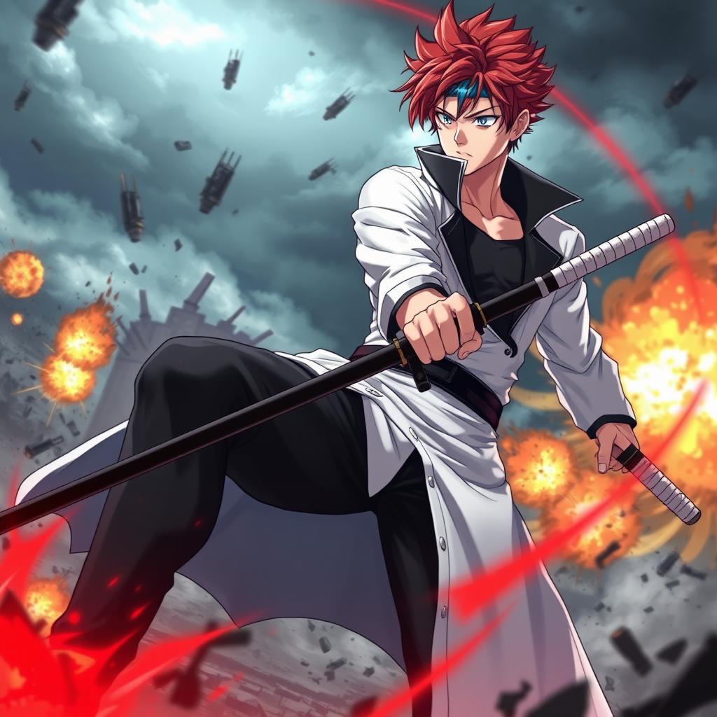 A vivid scene featuring a muscular anime boy with red hair and blue streaks, wearing a white coat with a black collar, black pants, and a black undershirt