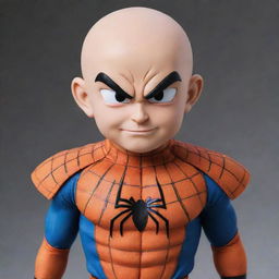 Krillin from Dragon Ball Z donned in a Marvel Spider-Man costume, maintaining the Dragon Ball art style and accentuating the six signature dots on his forehead.