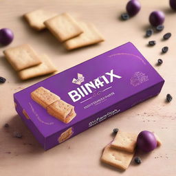 Create a product packaging design for purple-colored crackers with the product name BINGUCRAX