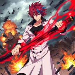 A powerful scene featuring a muscular anime boy with red hair and blue streaks