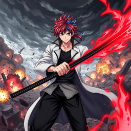 A powerful scene featuring a muscular anime boy with red hair and blue streaks