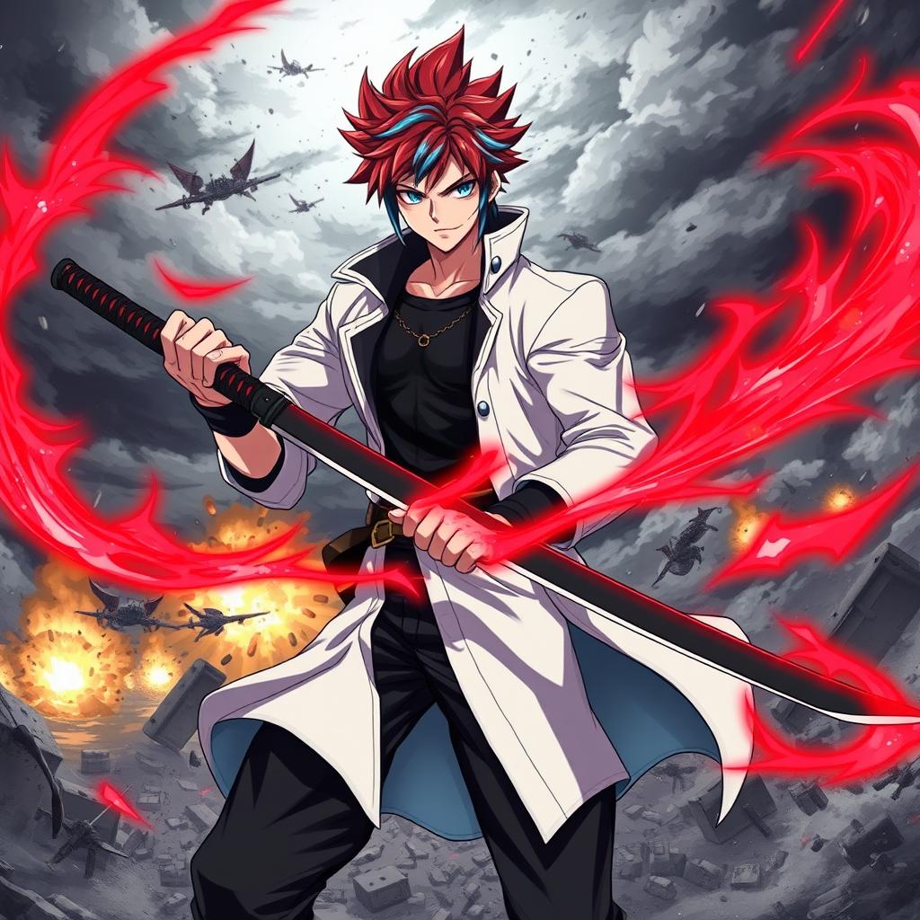 A powerful scene featuring a muscular anime boy with red hair and blue streaks