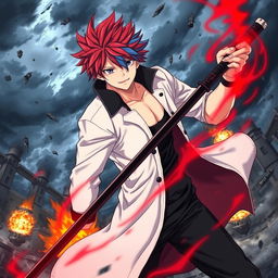 A powerful scene featuring a muscular anime boy with red hair and blue streaks