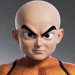 Krillin from Dragon Ball Z donned in a Marvel Spider-Man costume, maintaining the Dragon Ball art style and accentuating the six signature dots on his forehead.