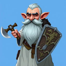 A grey-haired dwarf priest with a large beard, one of the mustaches is red