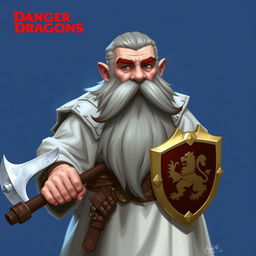 A grey-haired dwarf priest with a large beard, one of the mustaches is red