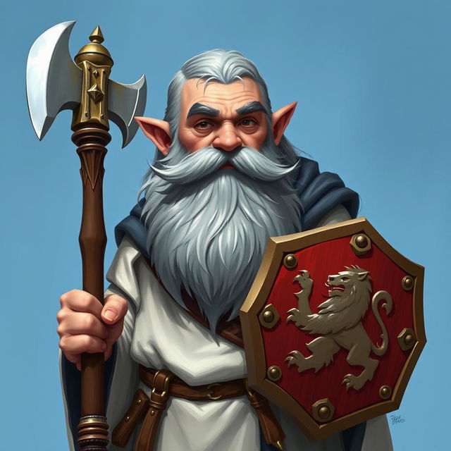 A grey-haired dwarf priest with a large beard, one of the mustaches is red