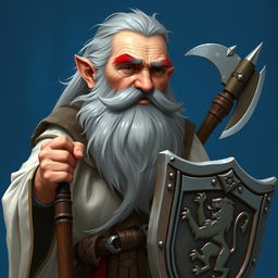 A grey-haired dwarf priest with a large beard, one of the mustaches is red