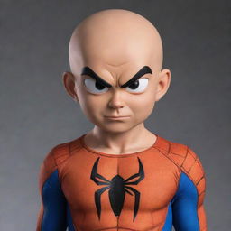 Krillin from Dragon Ball Z donned in a Marvel Spider-Man costume, maintaining the Dragon Ball art style and accentuating the six signature dots on his forehead.