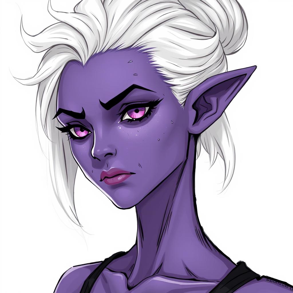 A detailed illustration of a drow character with purple skin and white hair styled in a bun