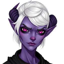 A detailed illustration of a drow character with purple skin and white hair styled in a bun