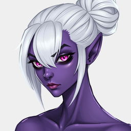 A detailed illustration of a drow character with purple skin and white hair styled in a bun